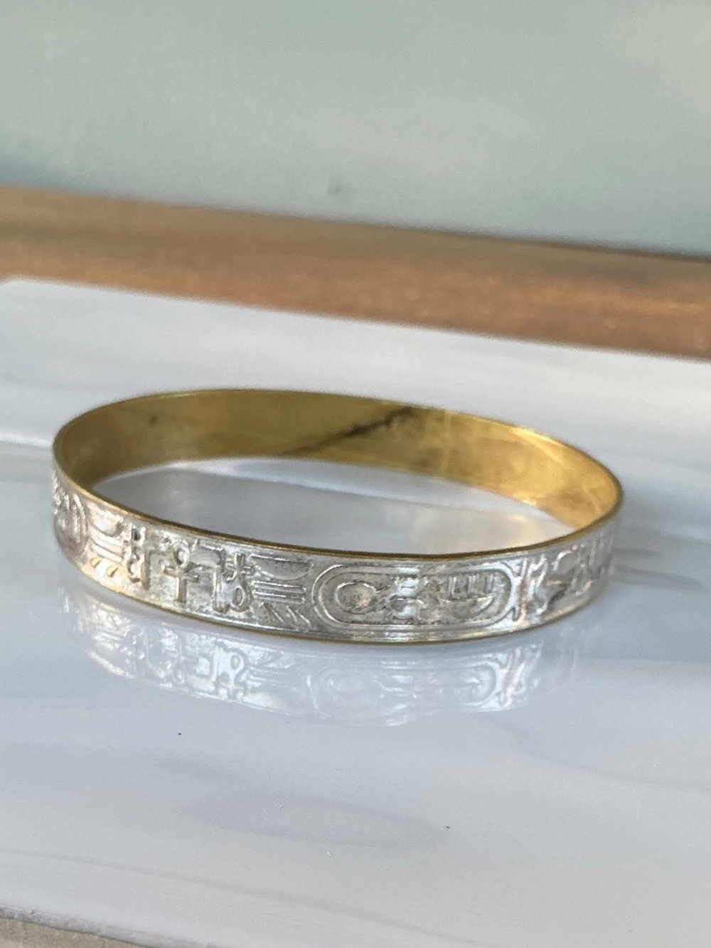 Vintage Mexican Hieroglyphic Bangle Bracelet Stamped Mixed Metal Taxco Style - Picture 15 of 15